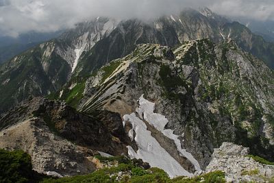 唐松岳山頂より　不帰嶮、後方は雲のかかった天狗ノ頭及び白馬三山8/11