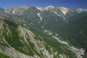 黒菱へ登る林道より　中央奥より右にかけて白馬三山、谷は南股入の渓谷8/11