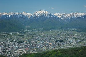 鷹狩山山頂より　大町の街と北アルプス5/25-2